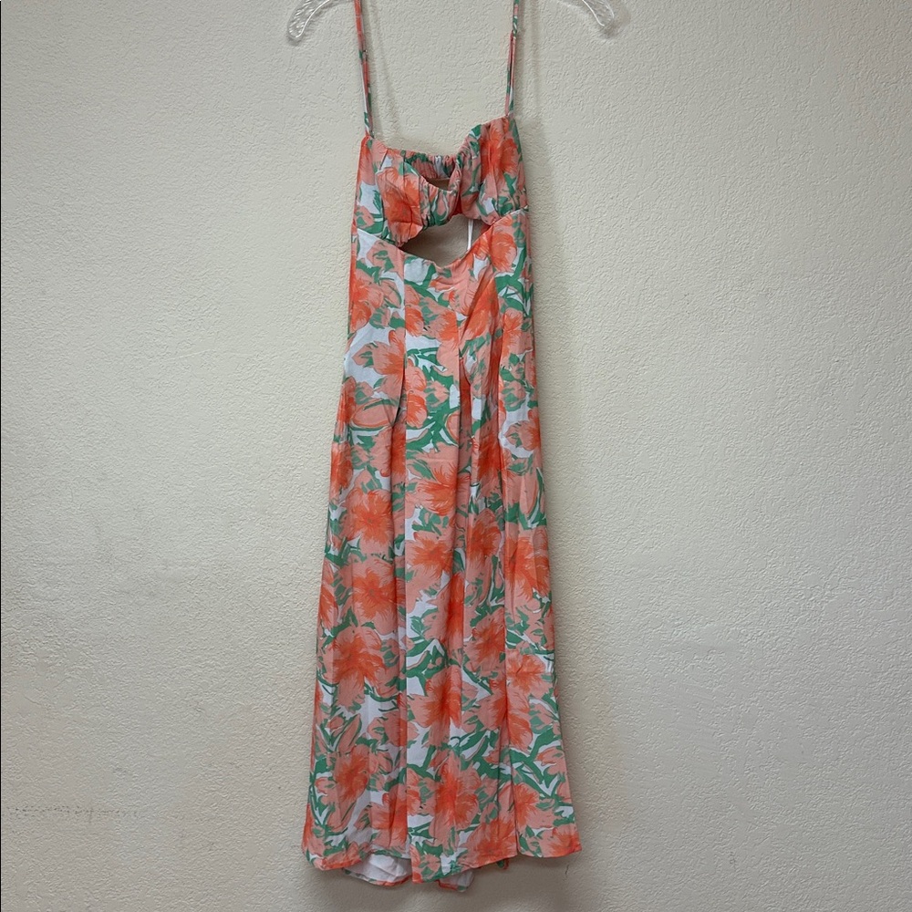 Hello Molly Coral Floral Midi Dress with Green Leaves - Picture 2 of 4